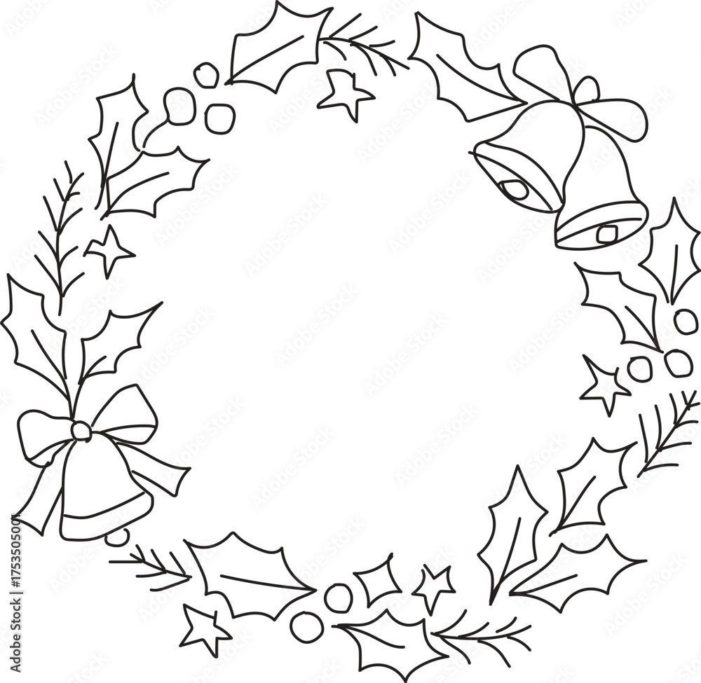 Fototapeta premium Christmas wreath vector illustration with holly and leaf border frame design element
