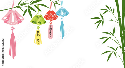 Traditional Japanese lanterns hanging from bamboo branches, celebrating festive occasions with vibrant colors and intricate designs, offering a glimpse into cultural heritage and artistic expression