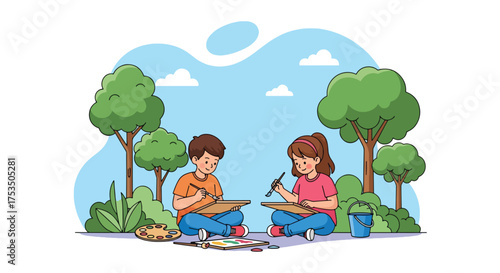 Flat style illustration of two happy children painting outdoors in a park, symbolizing creativity, learning, art education, and the joy of spending time in nature