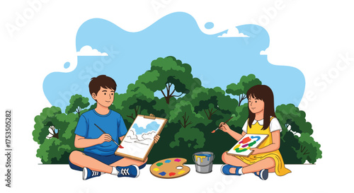 Flat style illustration of two happy children painting outdoors in a park, symbolizing creativity, learning, art education, and the joy of spending time in nature