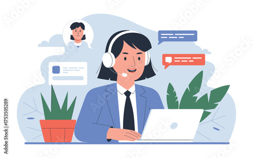 Professional customer support agent assisting clients virtually with online communication tools