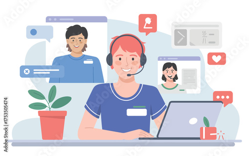 Customer support agent working remotely with laptop and video calls