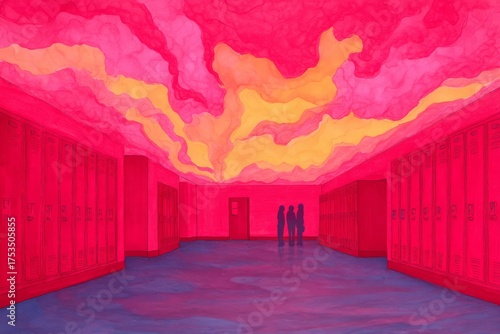 A surreal, neon-lit hallway with magenta clouds above, embodying teenage dreams, Day of the Dead, and liminal spaces