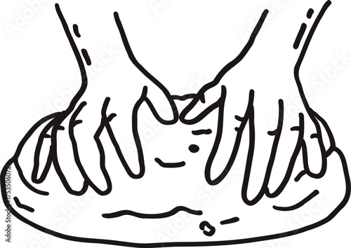 Whimsical hands knead dough line art doodle. Whimsy chef cooking bakery. Vector outline illustration