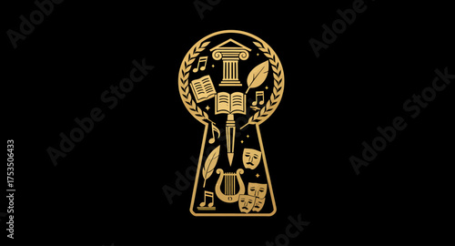 Elegant gold vector illustration featuring a collection of art, music, and literature symbols — including paintbrush, palette, musical notes, books, feather pen, theater masks, laurel wreath, and clas