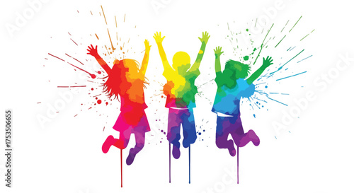 Watercolor illustration of joyful children jumping with raised hands in a splash of rainbow colors, symbolizing happiness, freedom, creativity, and the energy of childhood expression
