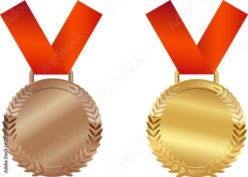 Bronze and gold medals with red ribbons – vector award design