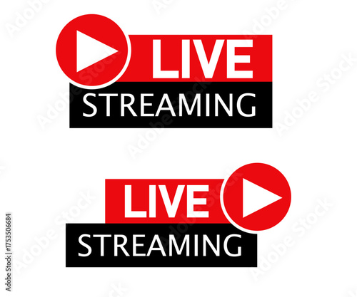 A set of two red and black live streaming icons with a play button symbol, isolated on a white background.