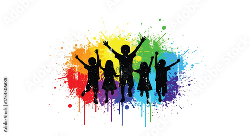 Watercolor illustration of joyful children jumping with raised hands in a splash of rainbow colors, symbolizing happiness, freedom, creativity, and the energy of childhood expression