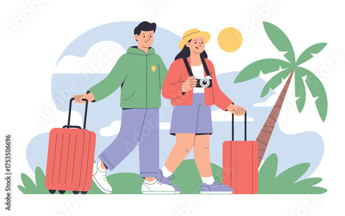 Young couple traveling together excitedly with luggage on a sunny vacation