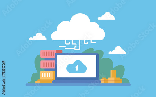Digital cloud computing technology concept laptop data storage connectivity network