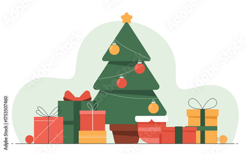 Festive christmas tree surrounded by colorful wrapped gifts and ornaments