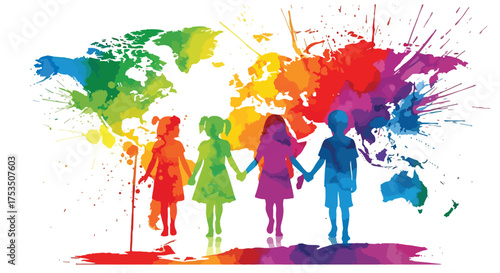 Watercolor illustration of children holding hands in front of a colorful world map, symbolizing global unity, diversity, peace, and hope for a connected international future