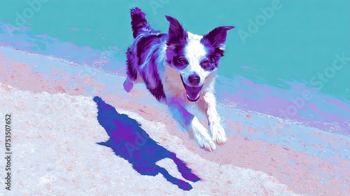 Playful dog joyfully bound along sunlit shoreline, embodying Midsummer's zest, canine exuberance on dreamy coastal escapade