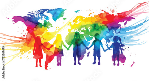 Watercolor illustration of children holding hands in front of a colorful world map, symbolizing global unity, diversity, peace, and hope for a connected international future