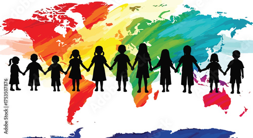 Watercolor illustration of children holding hands in front of a colorful world map, symbolizing global unity, diversity, peace, and hope for a connected international future