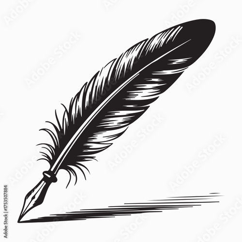 Elegant Feather Quill with Metal Nib, Hand-Drawn Ink Pen Symbolizing Poetry, History, and Traditional Authorship