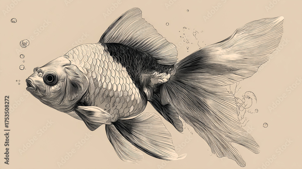 Fototapeta premium Goldfish swims, illustrated with fine lines against a beige background. Conceptual artwork for design, prints, or web use.