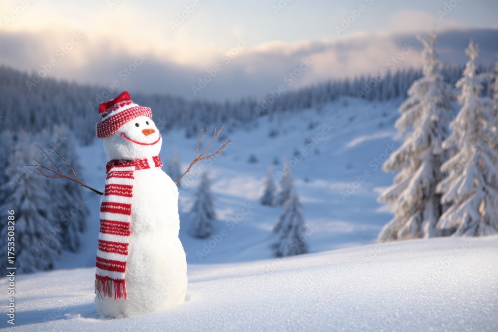 Obraz premium Happy Snowman Standing in Festive Christmas Winter Landscape