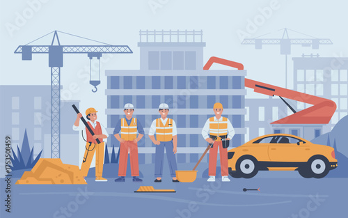 Construction site workers and machinery building a modern high rise structure