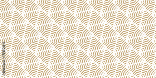 Golden vector geometric seamless pattern with lines, stripes, triangles, arrows, diagonal grid, lattice, net. White and gold abstract background. Simple minimal ornament texture. Luxury repeat design