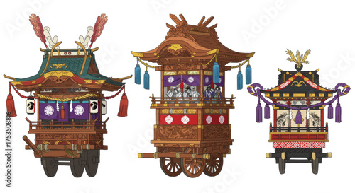 Traditional Japanese festival floats, ornate and colorful, showcasing cultural heritage and craftsmanship