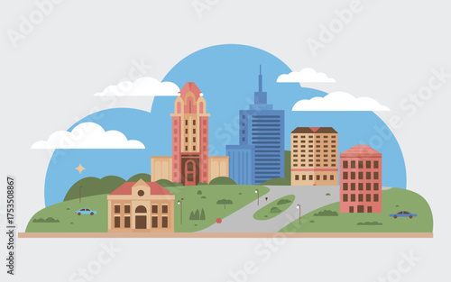 Colorful modern cityscape with buildings greenery and sky elements