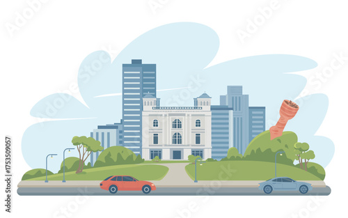 Modern cityscape with diverse architecture and green spaces for urban planning concepts