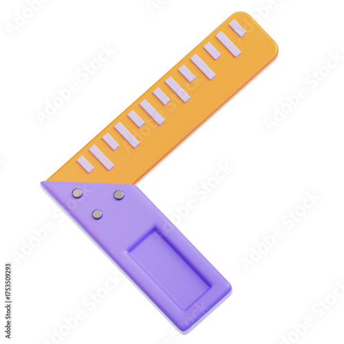A 3D rendering of a purple and orange try square ruler, a versatile measuring tool for construction, carpentry, and DIY projects, perfect for accurate angle marking
