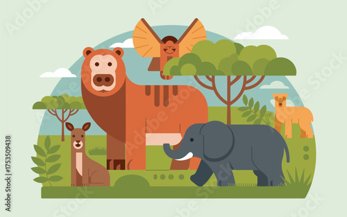 Vibrant flat design wildlife conservation scene with diverse animals and lush greenery