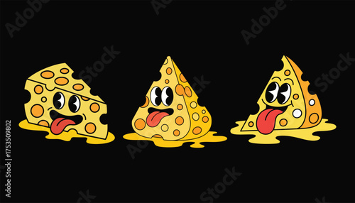 Three yellow cheese slices with cartoon faces are melting on the black background