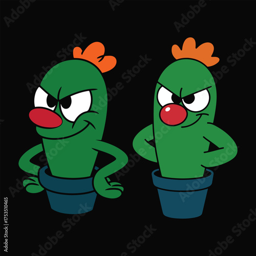 Two cartoon cacti, green and potted, sport red noses and grumpy expressions on transparent background