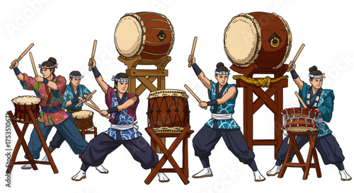 Japanese drummers performing a traditional taiko performance with large drums in a vibrant illustration