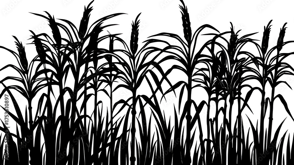 Obraz premium Black silhouette of tall grasses and reeds against a white background