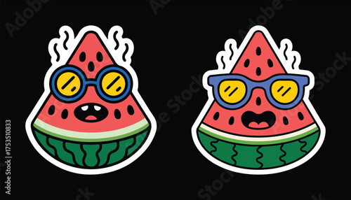 Two cheerful watermelon slices wear yellowlens glasses against a black background; isolated design