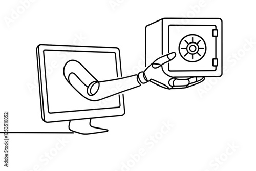 Robotic arm reaching from computer to deliver a safe in a modern digital workspace setting