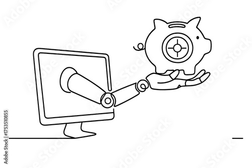 Robot hand offering a piggy bank from a computer screen, symbolizing digital banking services and savings innovation in modern finance