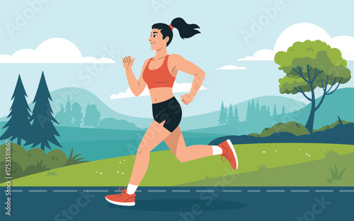 Flat design woman running outdoors for fitness and health training in a park