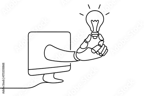 Creative concept of a computer delivering an idea represented by a light bulb held by a robotic hand