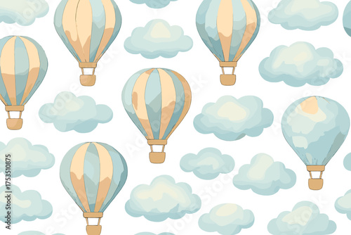Colorful hot air balloons float among light clouds in a whimsical pattern on a bright background, creating a joyful atmosphere