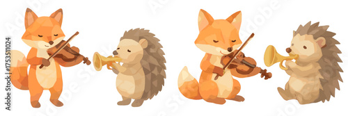 Cute animals playing music together in a forest setting during a sunny day