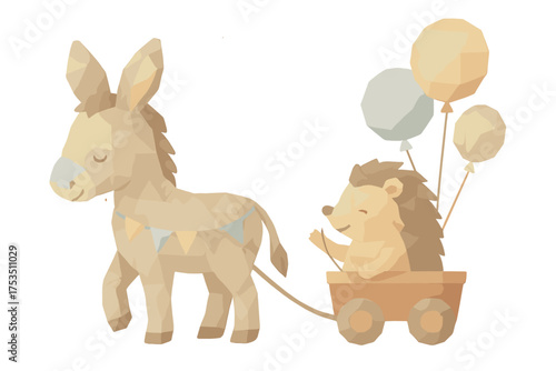 Cute hedgehog riding in a cart pulled by a cheerful donkey with balloons at a festive gathering