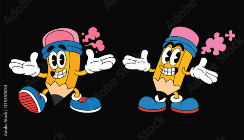 Two cheerful pencil cartoons with hats and shoes strike a welcoming pose against transparency