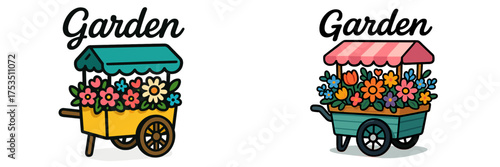 Colorful garden carts filled with vibrant flowers set in a cheerful outdoor setting during daylight hours