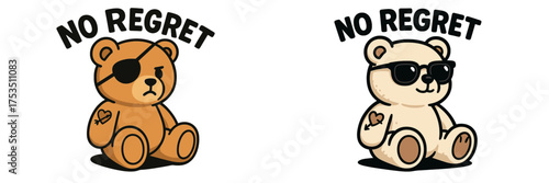 Teddy bears showing contrasting expressions of attitude with the phrase No Regret displayed prominently