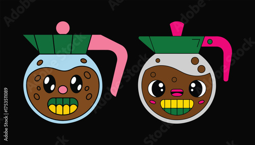 Two coffee pots with faces and green yellow teeth are on black