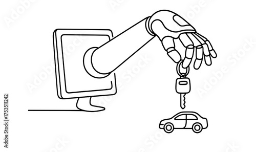 Robotic hand extending from a computer monitor holding car keys in a digital environment