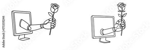 Robot arm hands over rose from a computer screen in a creative representation of digital connection and affection