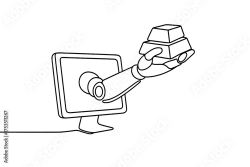 Robot arm holds gold bars emerging from a computer screen in a modern digital setting