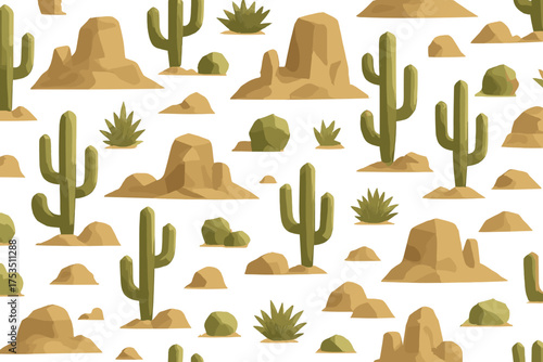Desert landscape pattern with cacti, rocks, and shrubs in a simple design